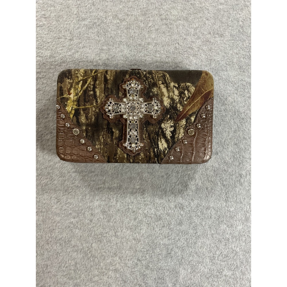 Camo Rhinestone Cross Wallet Faux Croc Trim Studded Western Clutch Purse